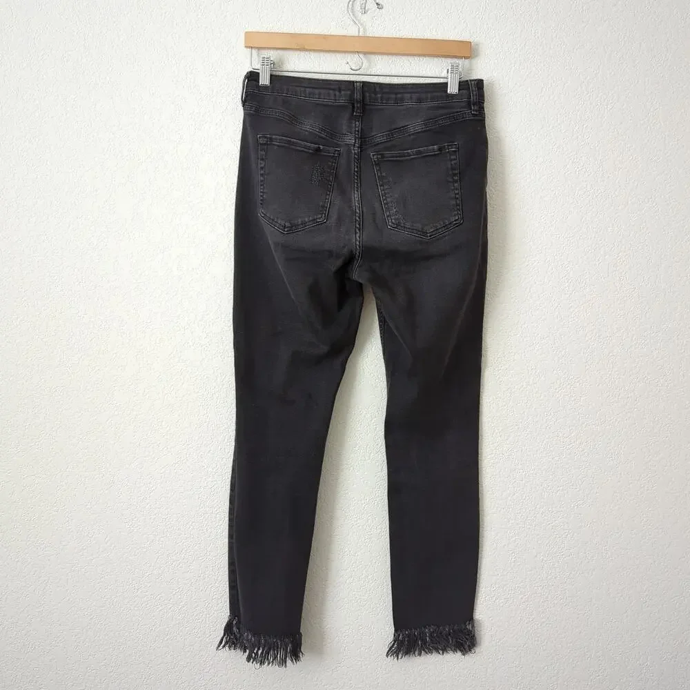 Free People Women's Great Heights Fringe Skinny Black Distressed Jeans 29 Frayed